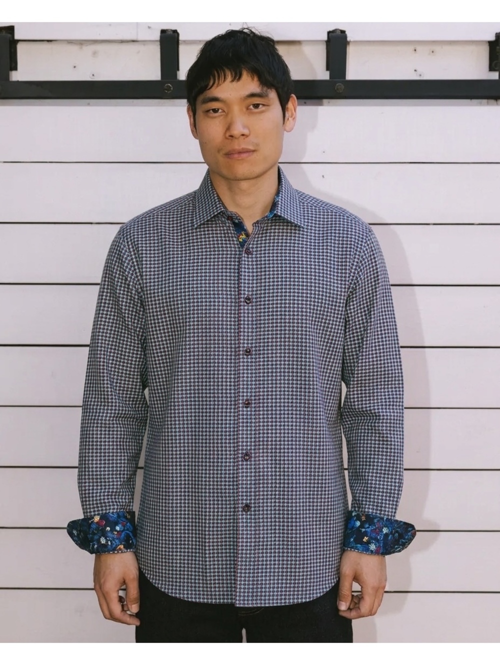 Robert Graham Blue Red Purple Gingham Floral Contrast Flip Cuff Shirt M EUC